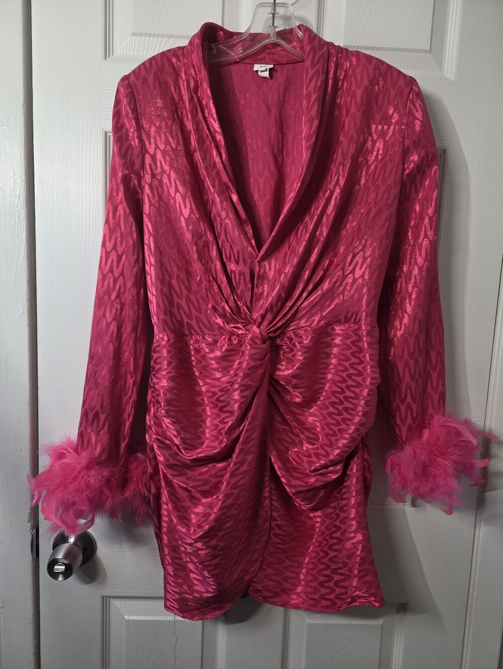 Hot Pink Satin Retro Glam Feather Cuff Blazer Dress L
